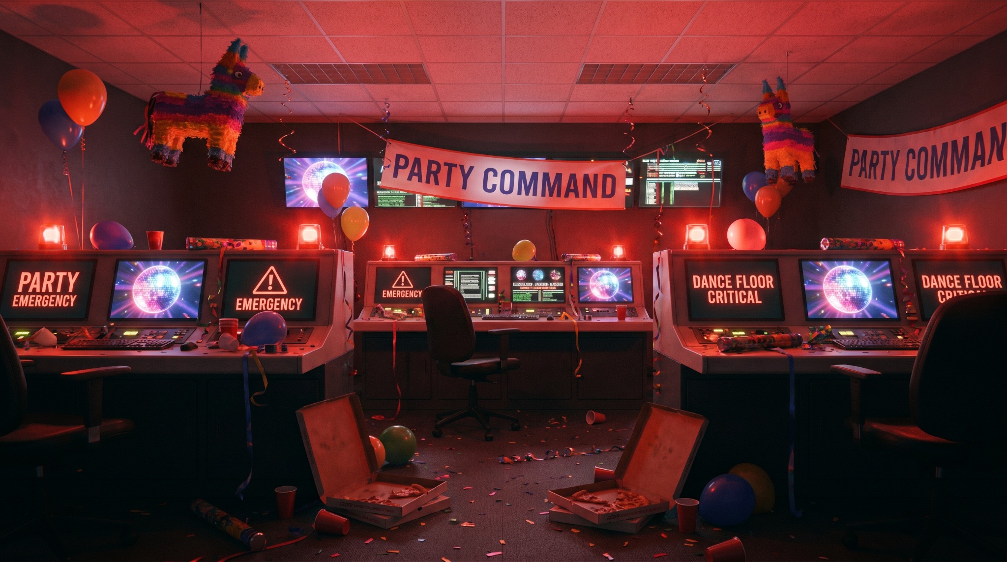 A party command centre with emergency screens and decorations