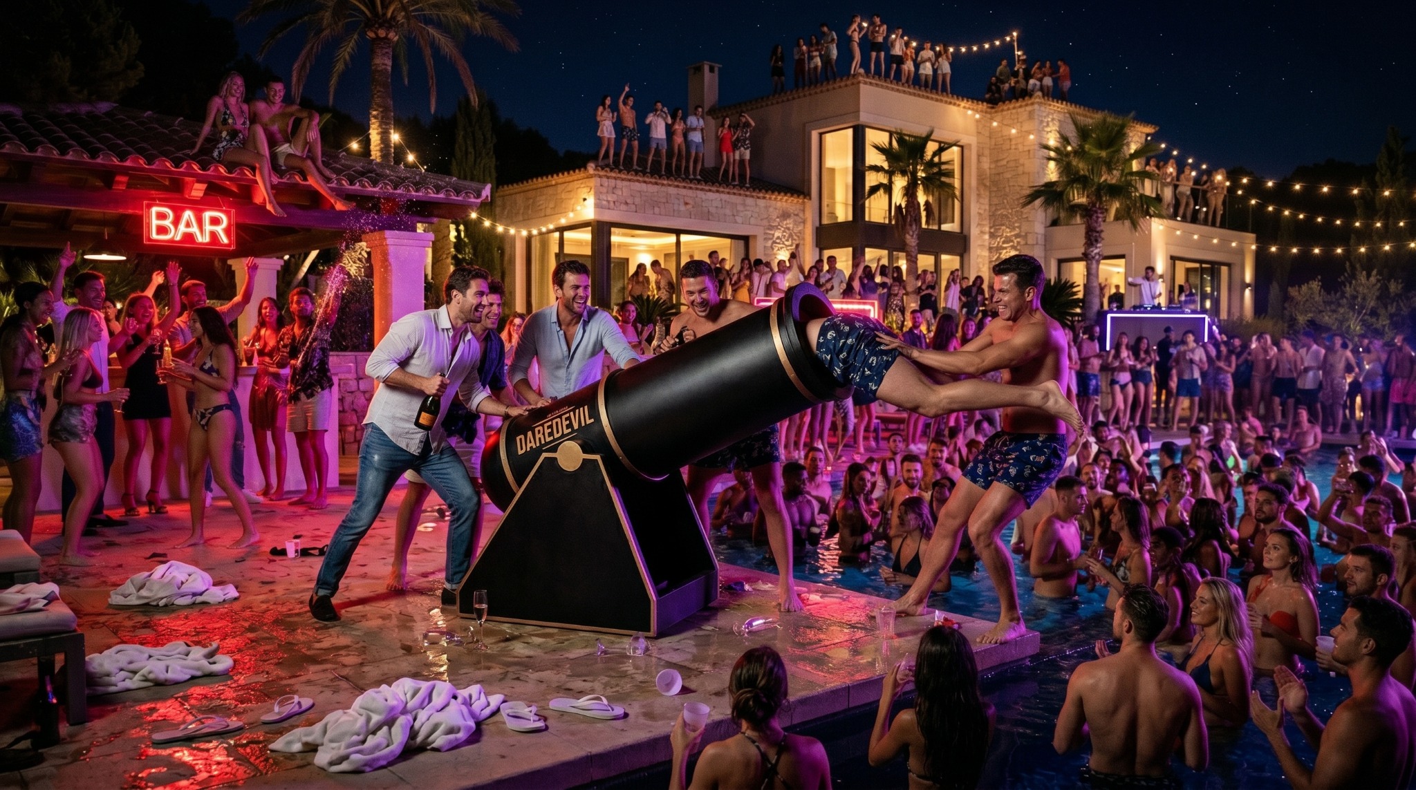 Poolside party with a person being launched from a cannon