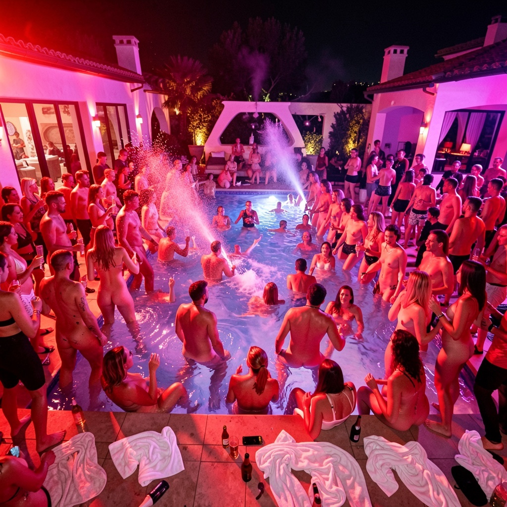 Adult pool party in red and purple lighting