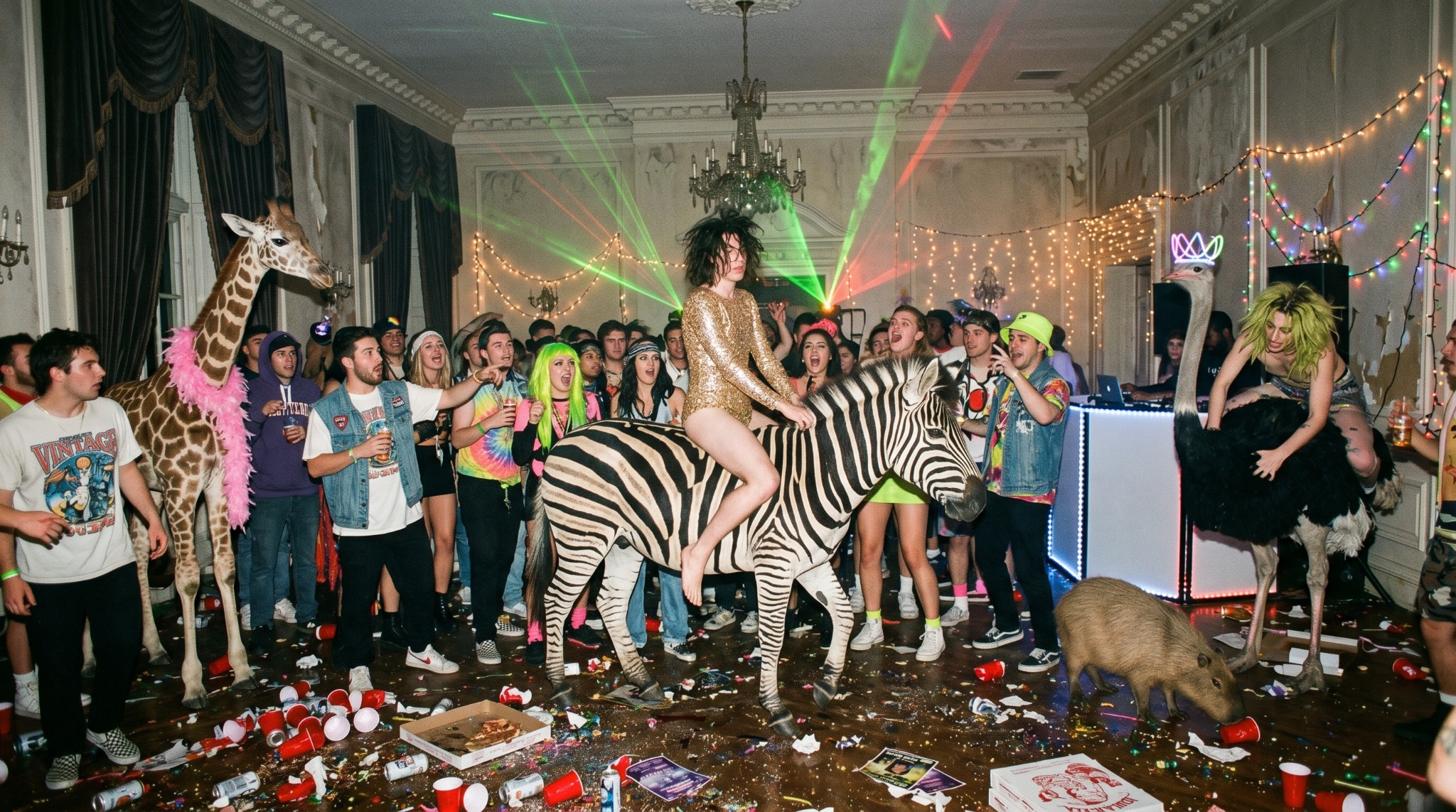 Chaotic mansion party with exotic animals