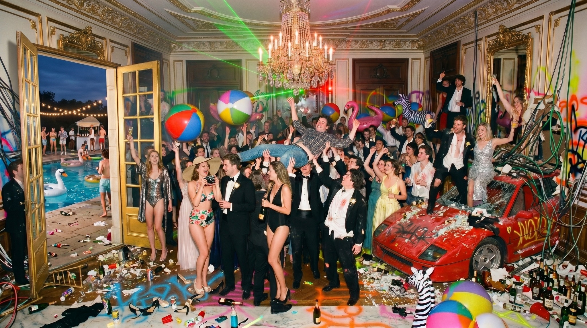 Mansion party with a damaged sports car and chaotic ballroom