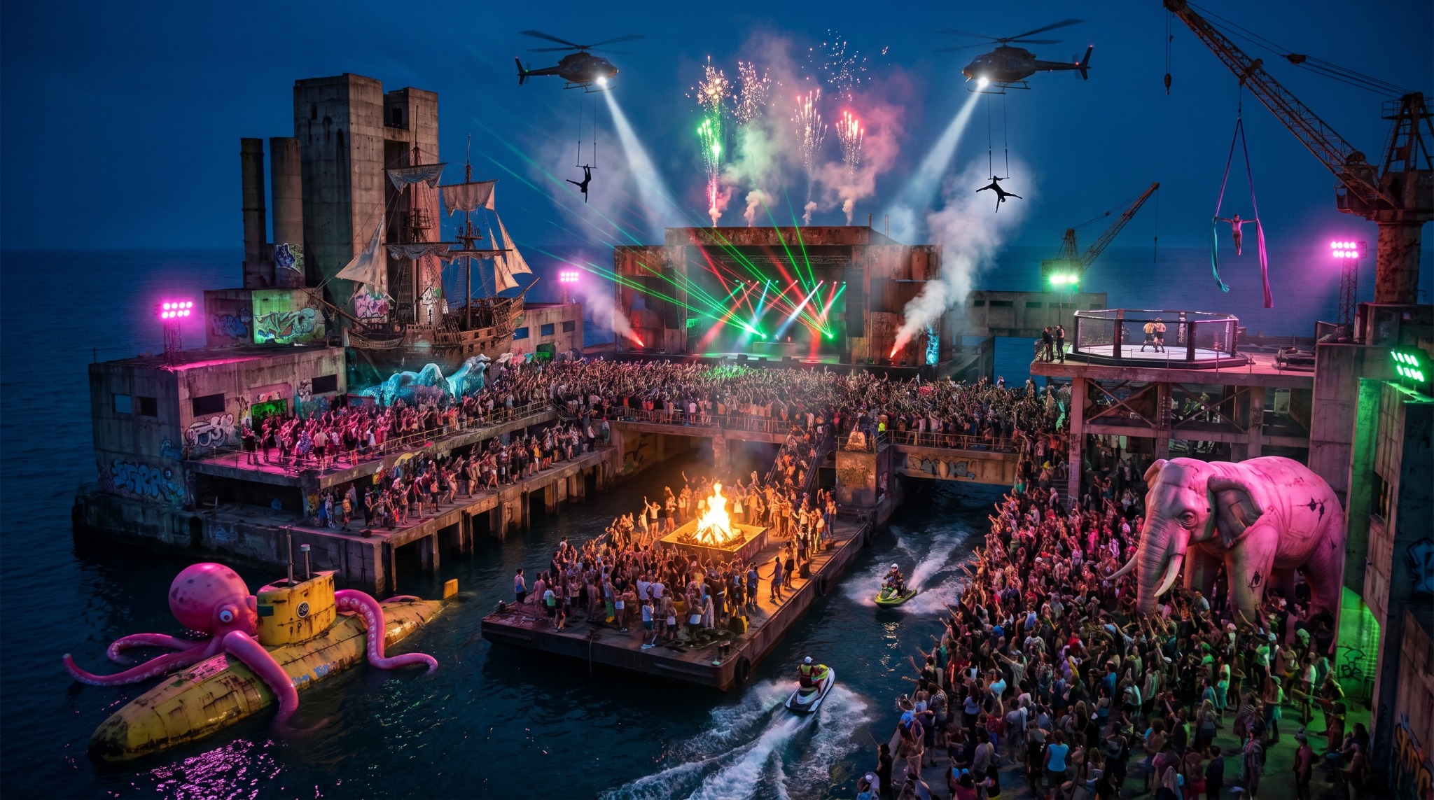 A massive waterfront party with lasers, fireworks and crowds
