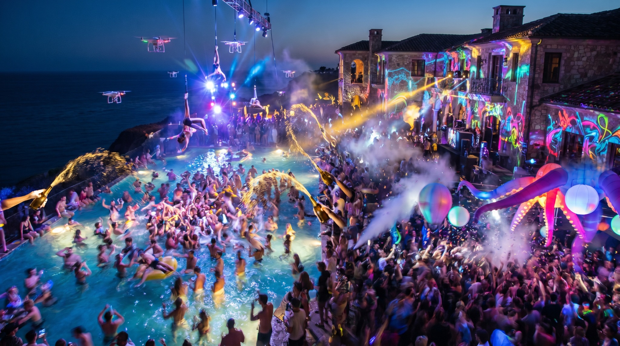 A cliffside villa pool party with lights, confetti and a huge crowd