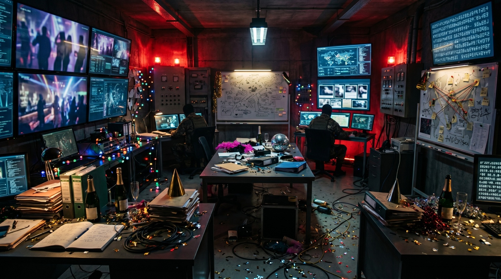 Classified party command centre with warning screens and evidence boards