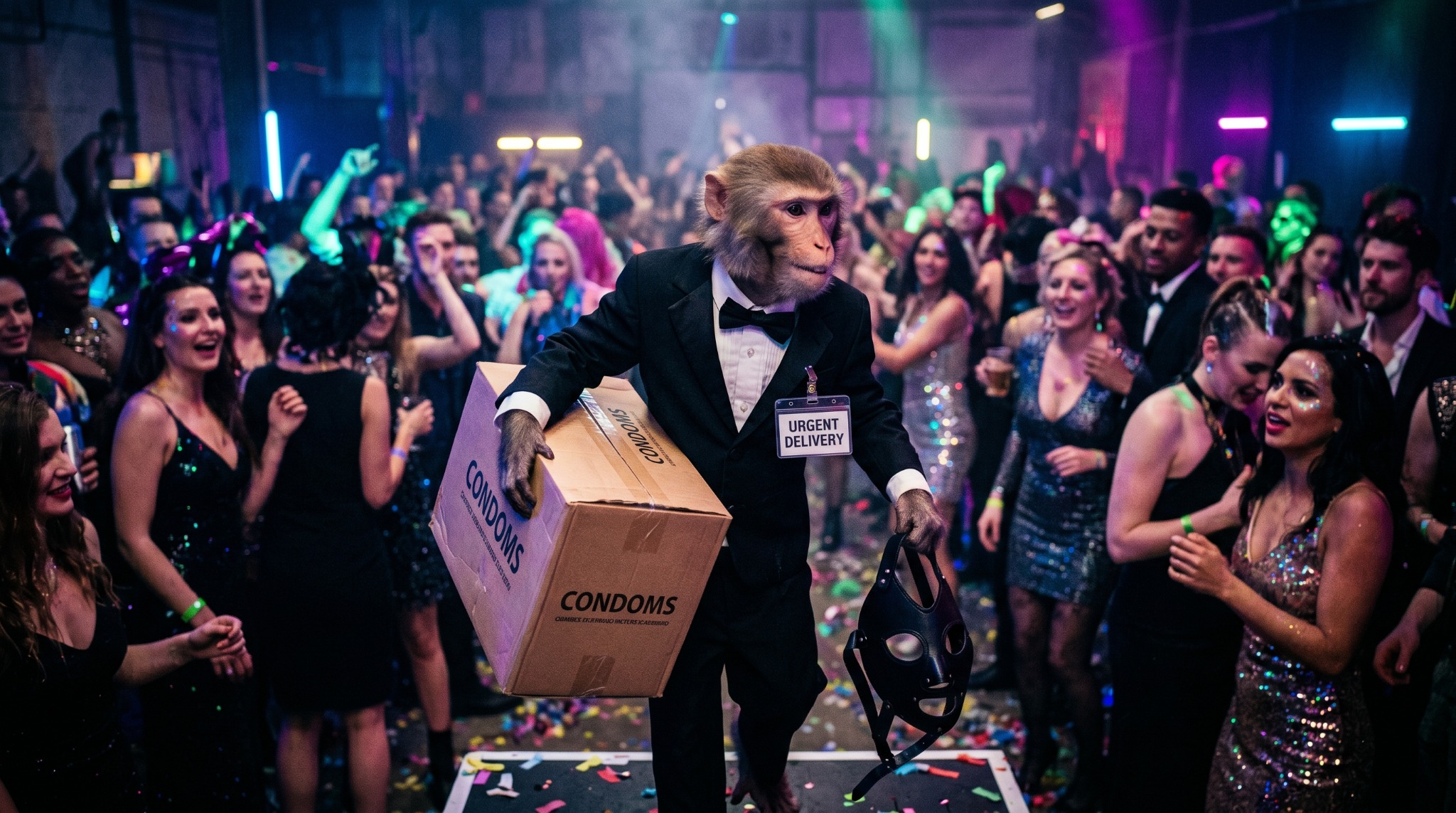 Monkey in a tuxedo at a party carrying a box of condoms